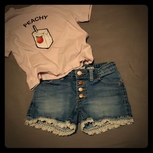 Crochet trim denim shorts